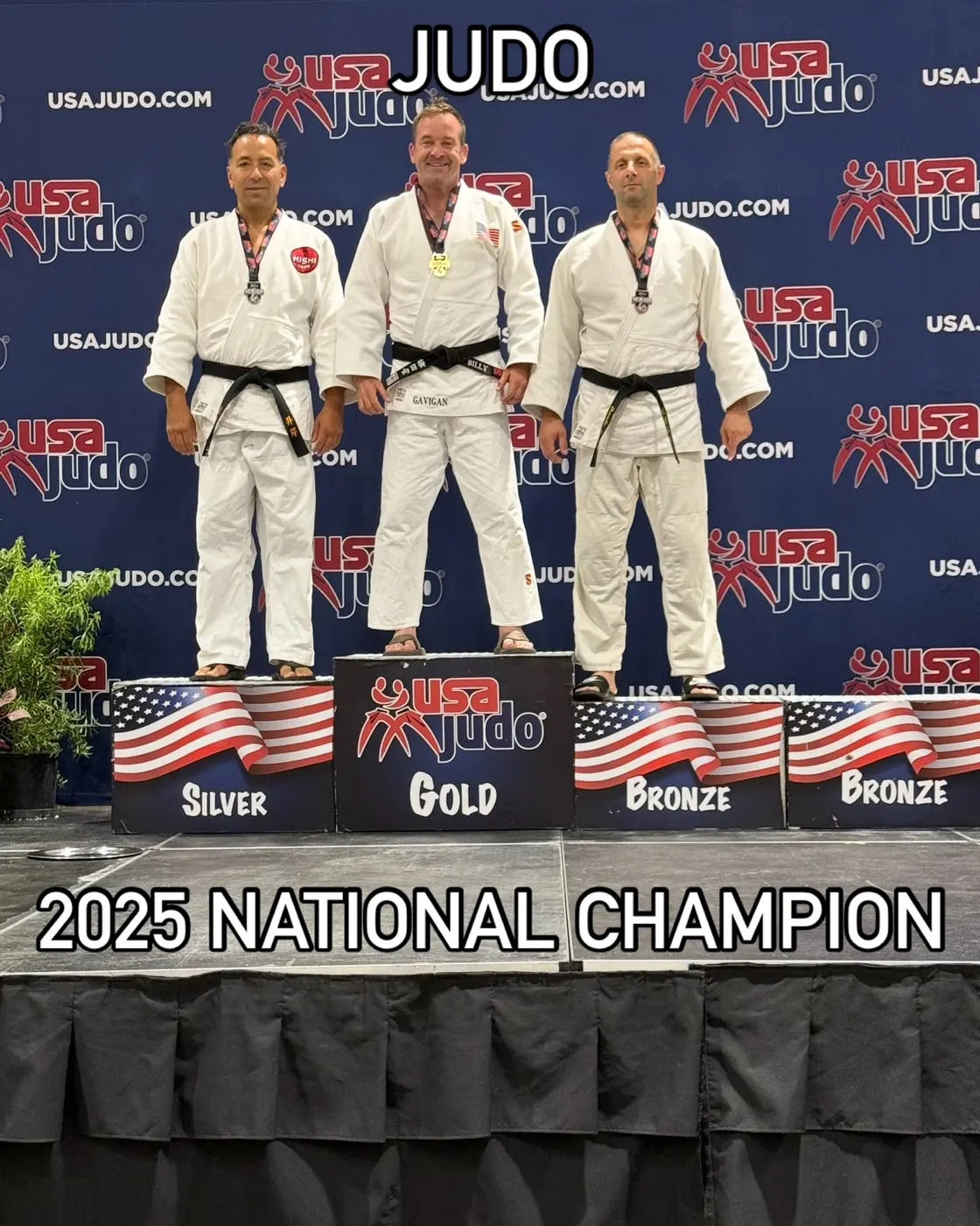 Billy Gavigan on the gold-medal podium at a 2025 USA Judo national championship event