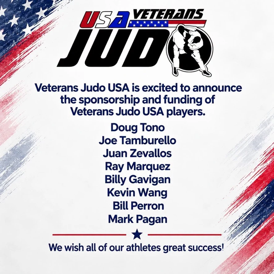 Veterans Judo USA sponsorship announcement naming Billy Gavigan among eight athletes